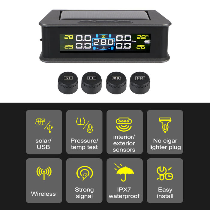 Solar/USB Powered Auto Security Alarm Systems Tire Pressure Monitoring System Digital LCD Display Car TPMS 4 Sensors Built-in