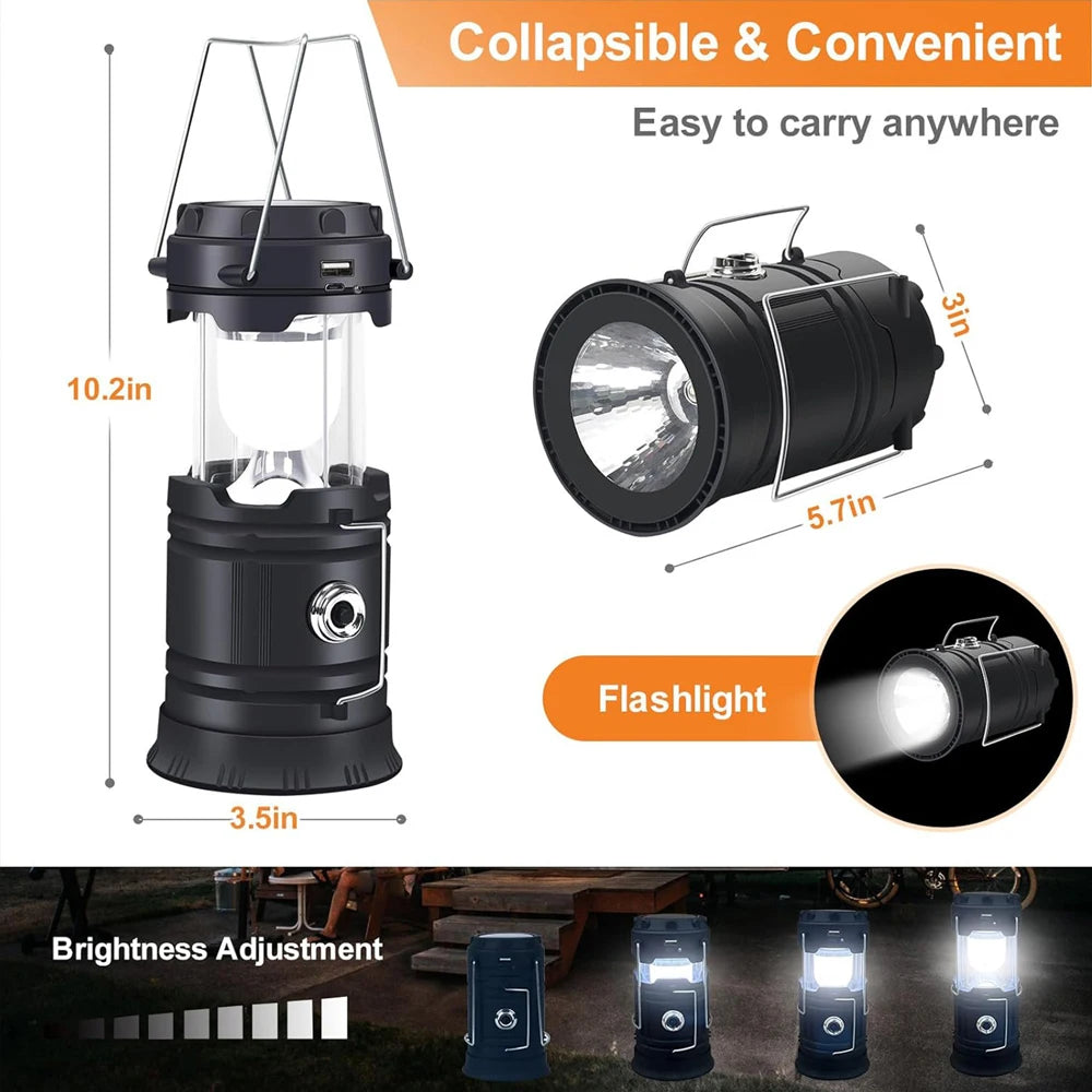 Solar Camping Lantern Collapsible LED Solar USB Rechargeable Lantern Flashlight Emergency Hanging Lights for Outdoor Camping