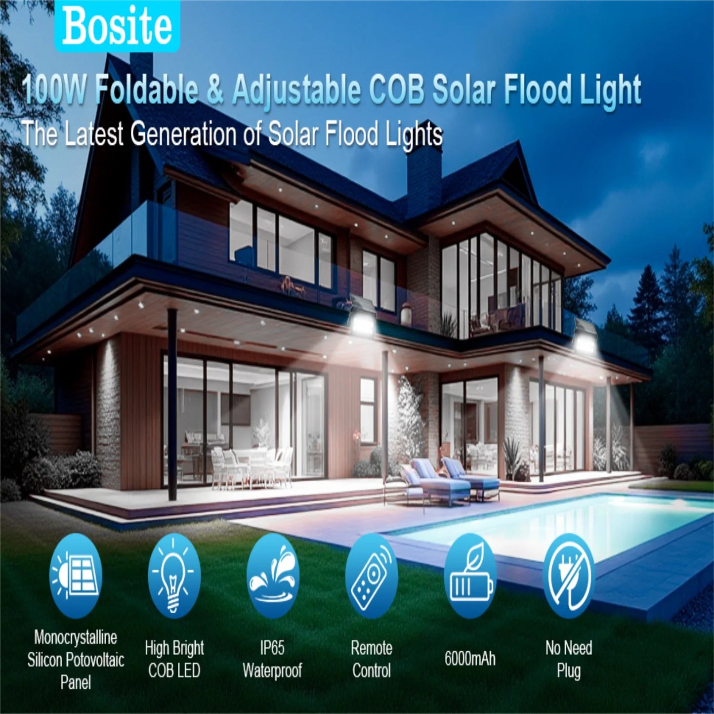150W Solar Flood Lights Portable & Foldable 6500K 8000mAh IP65 Waterproof Outdoor Security Lights with Remote Control