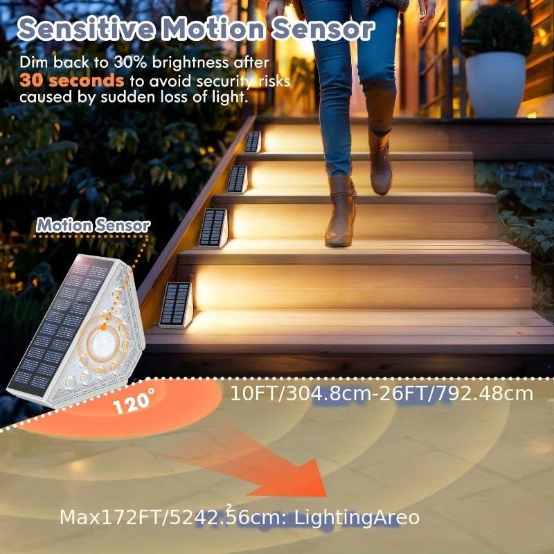 Motion Sensor Outdoor Solar Step Lights 550LM Super Bright 10LED Warm White Stair Light IP44 Waterproof for Porch Patio Deck