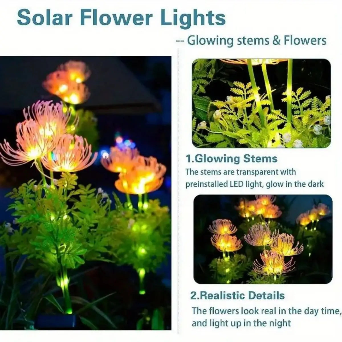 Solar Garden Lights Solar Flowers Lights with Glowing Flowers & Stems Solar Outdoor LED Light for Garden Pathway Deck Yard Decor