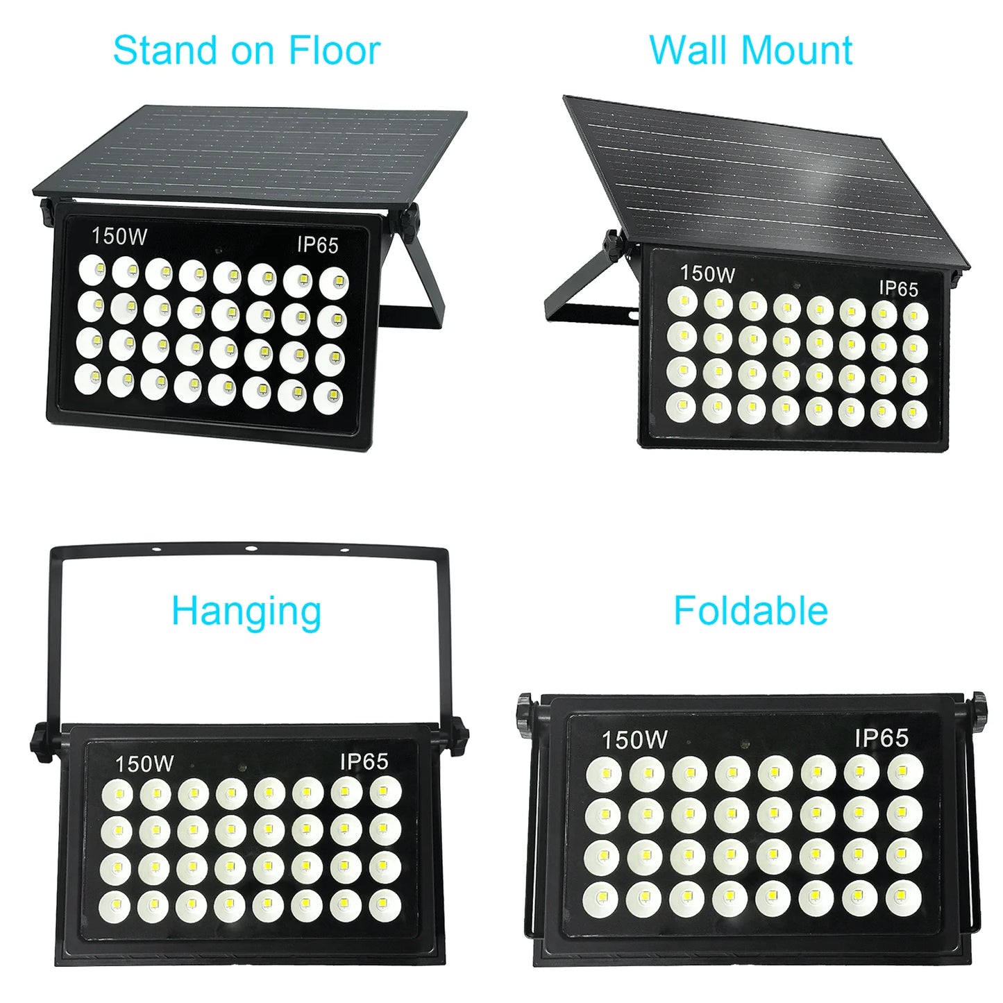 150W Solar Flood Lights Portable & Foldable 6500K 8000mAh IP65 Waterproof Outdoor Security Lights with Remote Control