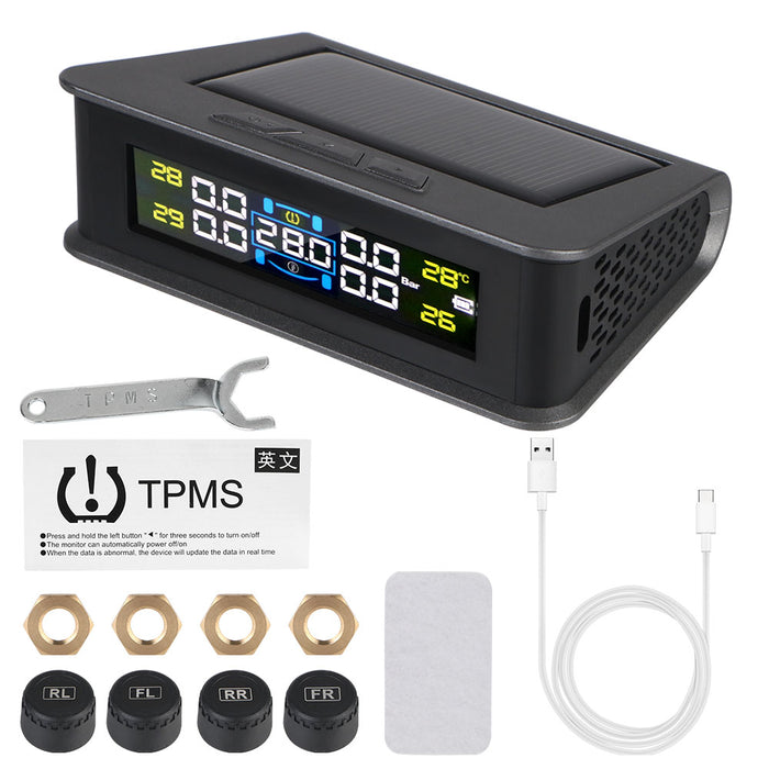 Solar/USB Powered Auto Security Alarm Systems Tire Pressure Monitoring System Digital LCD Display Car TPMS 4 Sensors Built-in