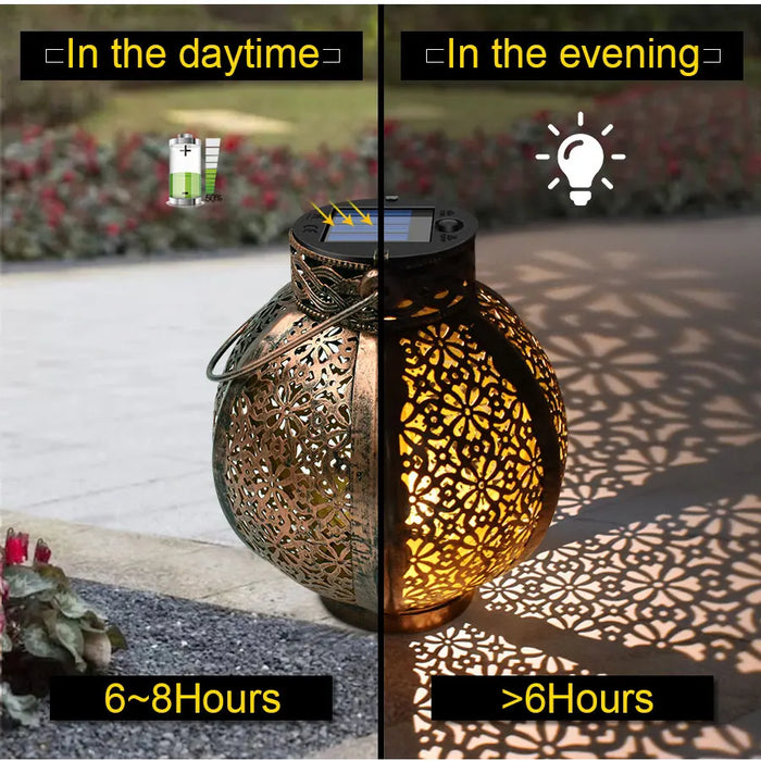 Hanging Solar Lanterns Retro Hollow Solar Lights with Handle Outdoor Solar Garden Lights Decor for Yard Tree Fence Patio Bronze