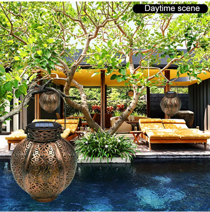 Hanging Solar Lanterns Retro Hollow Solar Lights with Handle Outdoor Solar Garden Lights Decor for Yard Tree Fence Patio Bronze