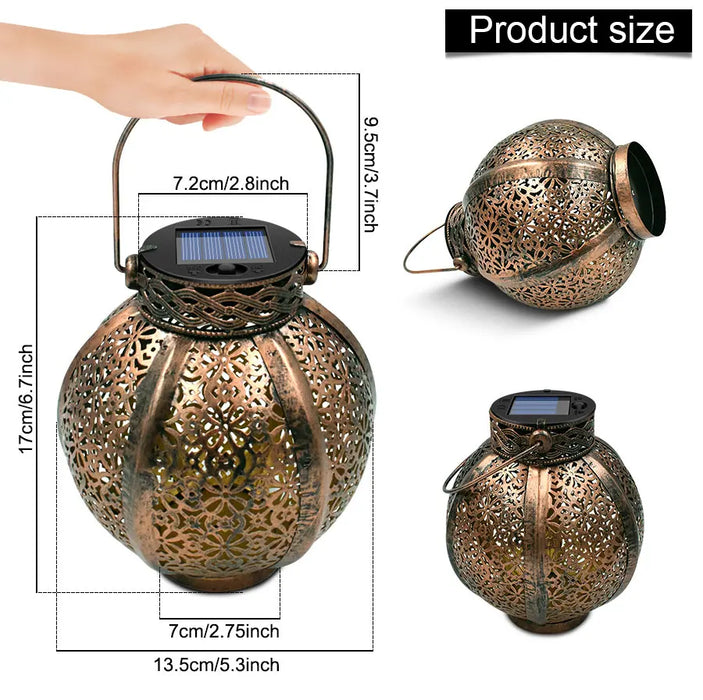 Hanging Solar Lanterns Retro Hollow Solar Lights with Handle Outdoor Solar Garden Lights Decor for Yard Tree Fence Patio Bronze