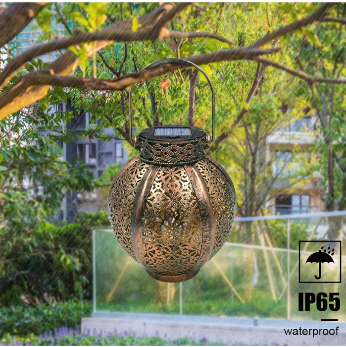Hanging Solar Lanterns Retro Hollow Solar Lights with Handle Outdoor Solar Garden Lights Decor for Yard Tree Fence Patio Bronze