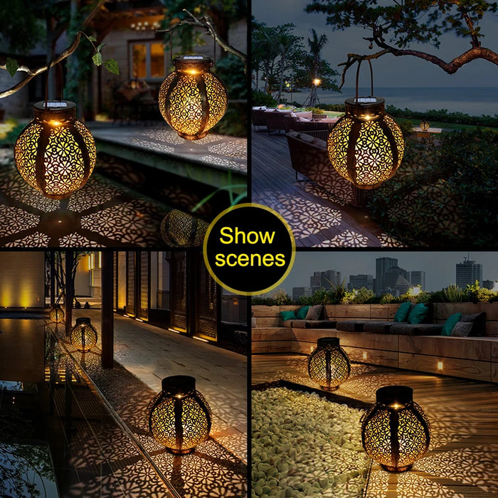 Hanging Solar Lanterns Retro Hollow Solar Lights with Handle Outdoor Solar Garden Lights Decor for Yard Tree Fence Patio Bronze
