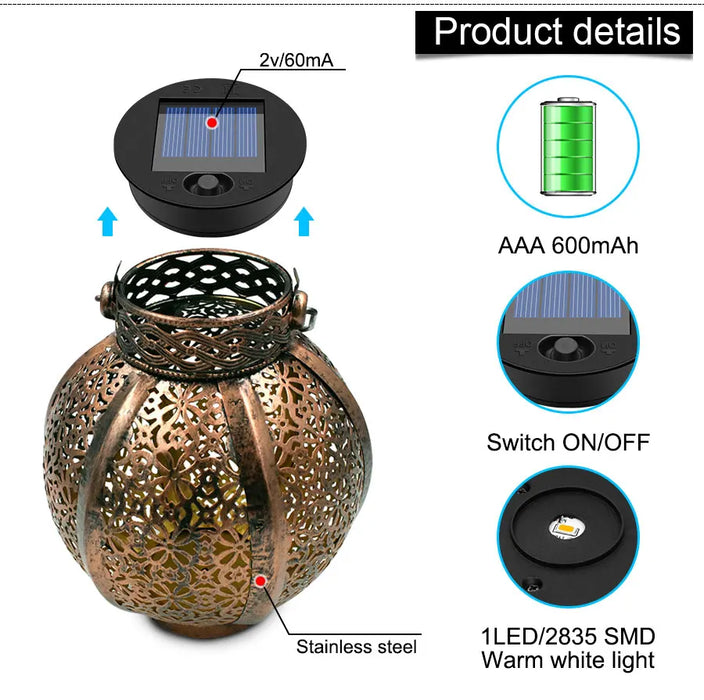 Hanging Solar Lanterns Retro Hollow Solar Lights with Handle Outdoor Solar Garden Lights Decor for Yard Tree Fence Patio Bronze