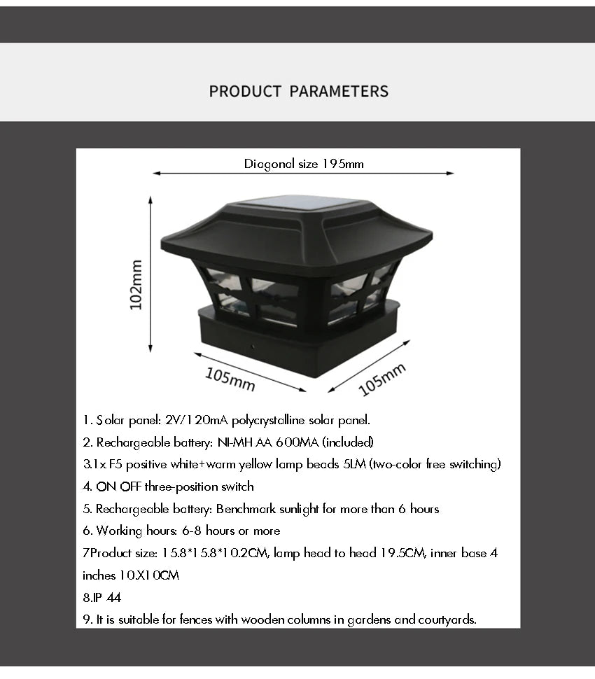 Solar Outdoor Post Cap Lights - 10x10- Bright LED Light for Fence Deck Garden or Patio Posts, White & Warm Light, 3-Gear Modes