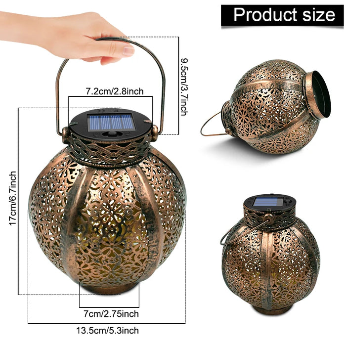 Hanging Solar Lanterns Retro Hollow Solar Lights with Handle Outdoor Solar Garden Lights Decor for Yard Tree Fence Patio Bronze