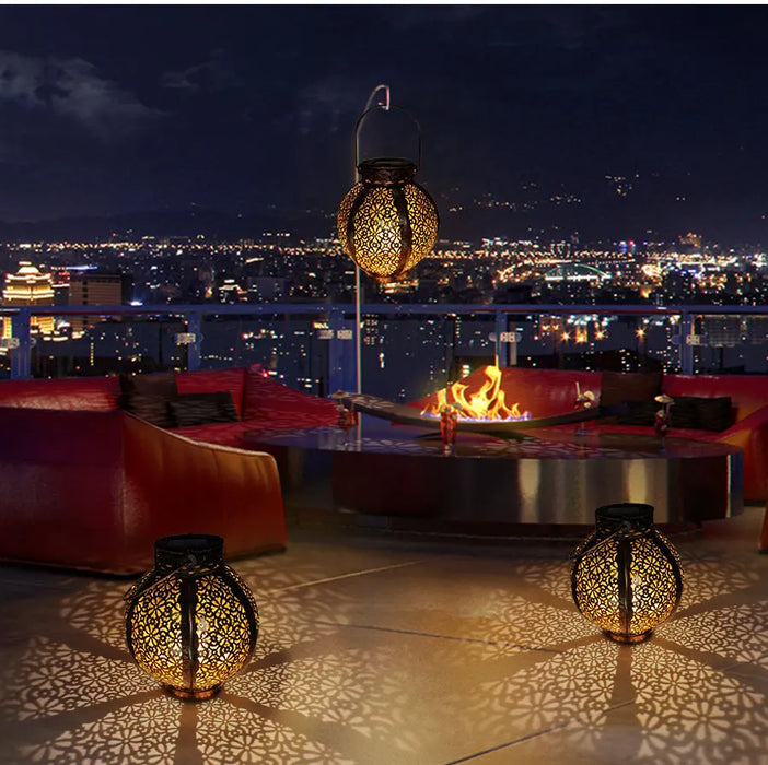 Hanging Solar Lanterns Retro Hollow Solar Lights with Handle Outdoor Solar Garden Lights Decor for Yard Tree Fence Patio Bronze