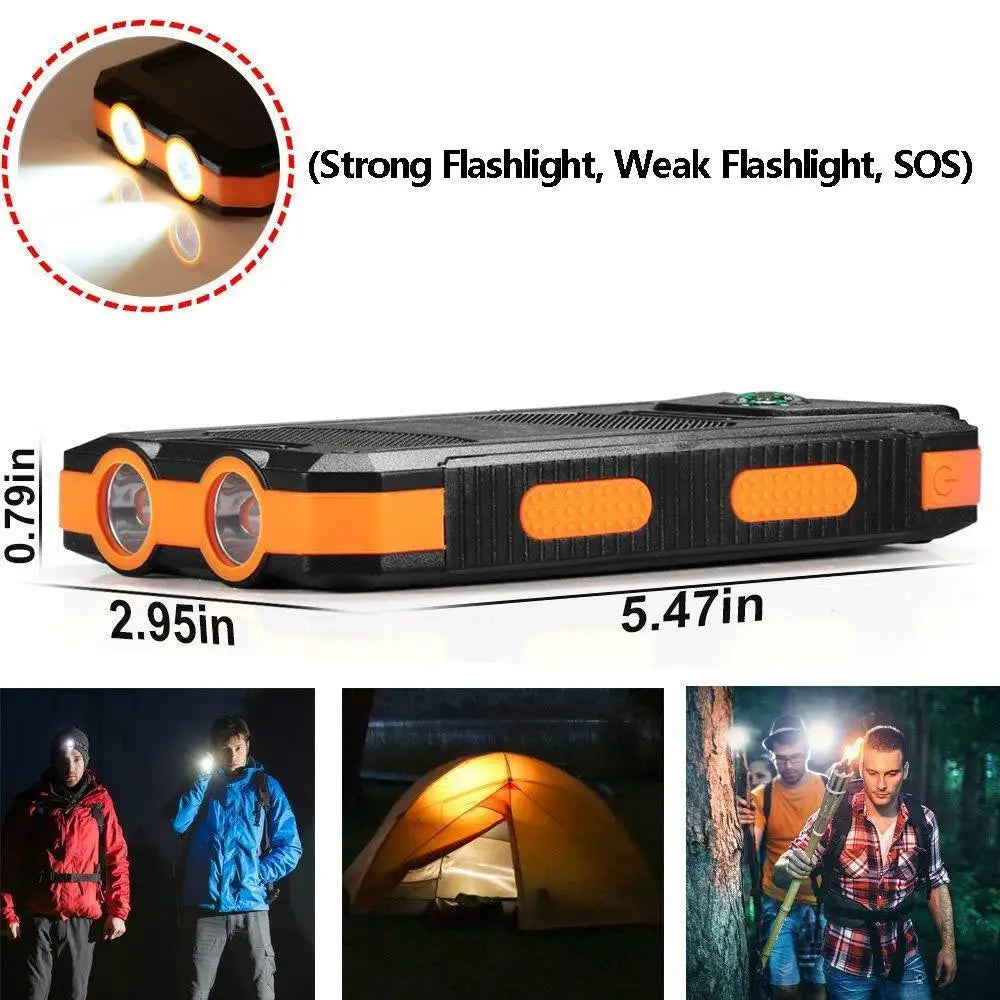 20000mAh Solar Power Bank Outdoor Portable Charger Powerbank Waterproof External Battery Dual USB Charging with LED Light