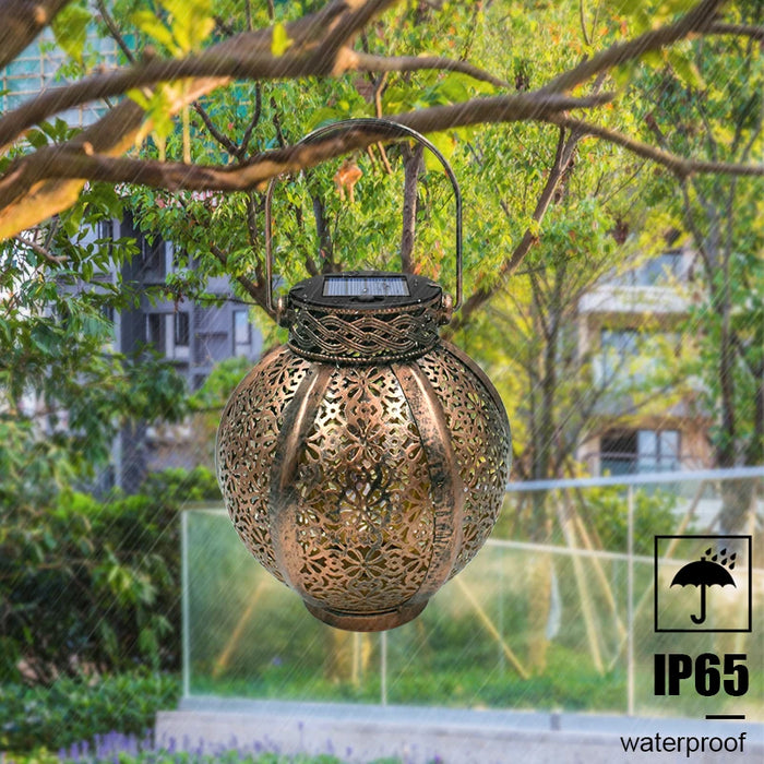 Hanging Solar Lanterns Retro Hollow Solar Lights with Handle Outdoor Solar Garden Lights Decor for Yard Tree Fence Patio Bronze