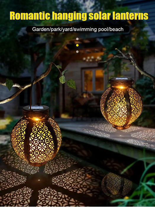 Hanging Solar Lanterns Retro Hollow Solar Lights with Handle Outdoor Solar Garden Lights Decor for Yard Tree Fence Patio Bronze