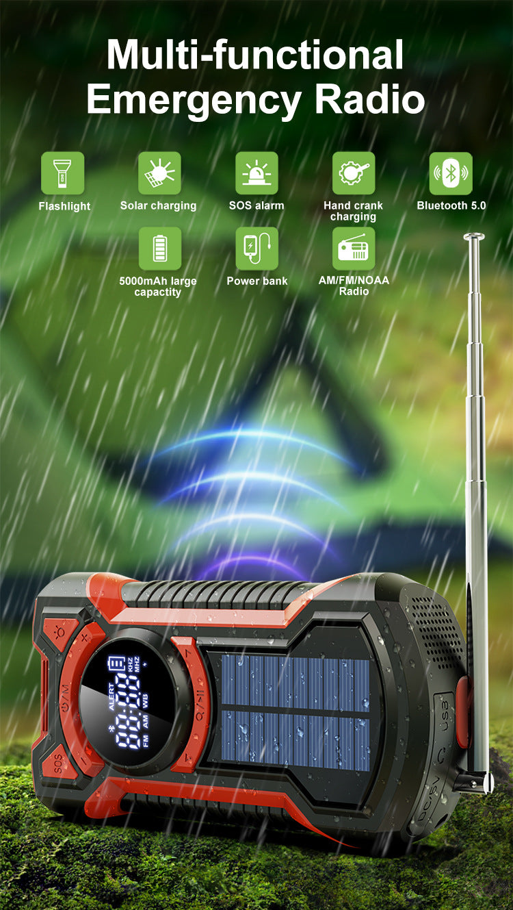 5000mAh Emergency Radio Hand Crank Solar, IP65 Waterproof Dustproof Bluetooth 5.3 Portable AM/FM/NOAA Weather Alert Radio