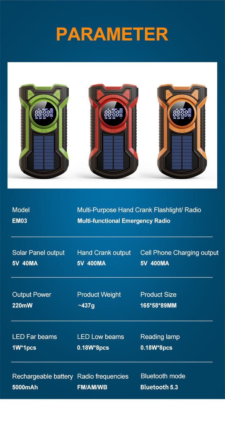 5000mAh Emergency Radio Hand Crank Solar, IP65 Waterproof Dustproof Bluetooth 5.3 Portable AM/FM/NOAA Weather Alert Radio
