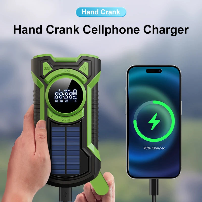 Solar Emergency Weather Radio Waterproof Hand Crank Weather Alert Radio 5000mAh Bluetooth-Compatible5.3 LED Flashlight SOS Alarm