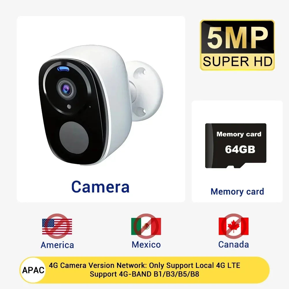4G Solar Surveillance Camera Wireless Outdoor 2K 5MP Battery Powered Security Camera Spotlight Siren 2-Way Audio Waterproof