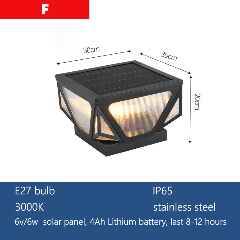 Outdoor Pillar Light Solar Powered Energy Saving IP65 Post Cap Lamp Auto Dusk-to-Dawn Sensor for Garden Villa Gate Pathway Fence