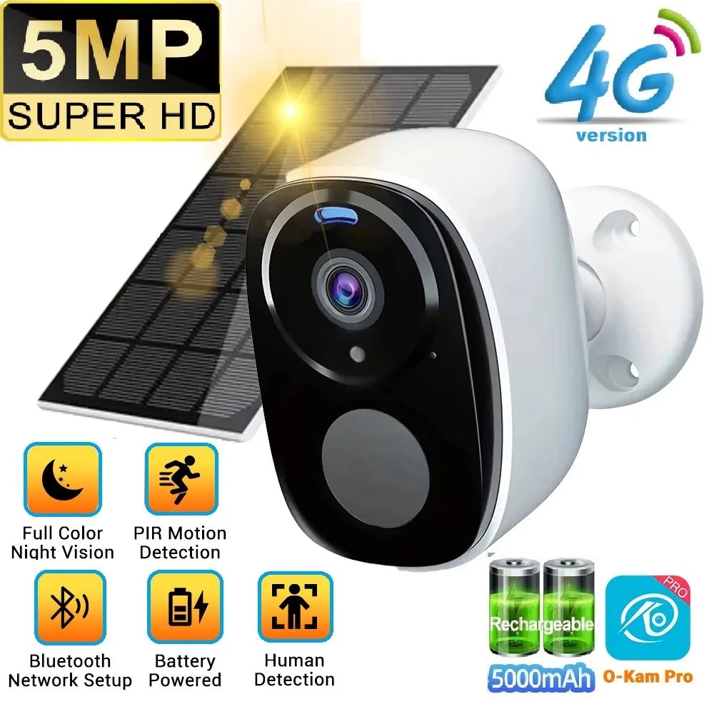 4G Solar Surveillance Camera Wireless Outdoor 2K 5MP Battery Powered Security Camera Spotlight Siren 2-Way Audio Waterproof