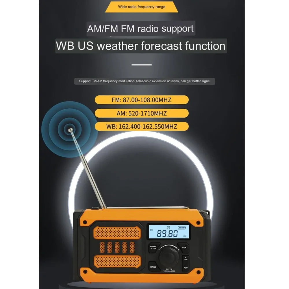 2000mAh Solar Emergency Radio AM FM NOAA Power Bank Portable Weather Radio Multi-band LED Flashlight SOS Outside Radio Universal