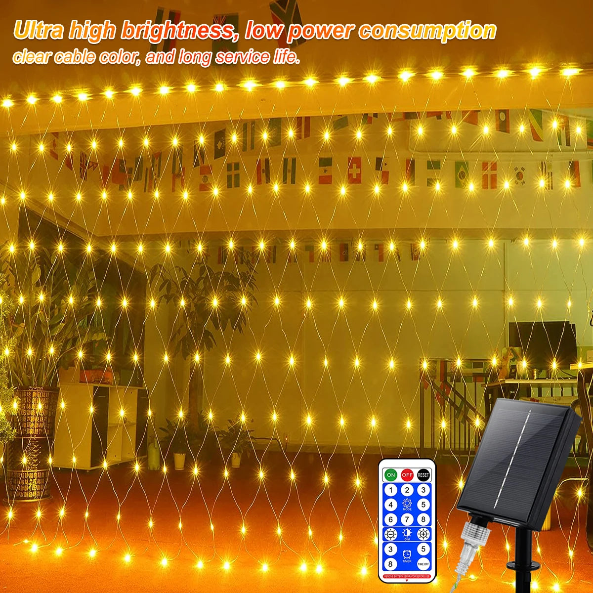 1pc Solar Net Lights Bush Net Lights Mesh Lights 8 Modes Remote Control Auto On/Off Outside Twinkle Lights For Patio Wall Roof