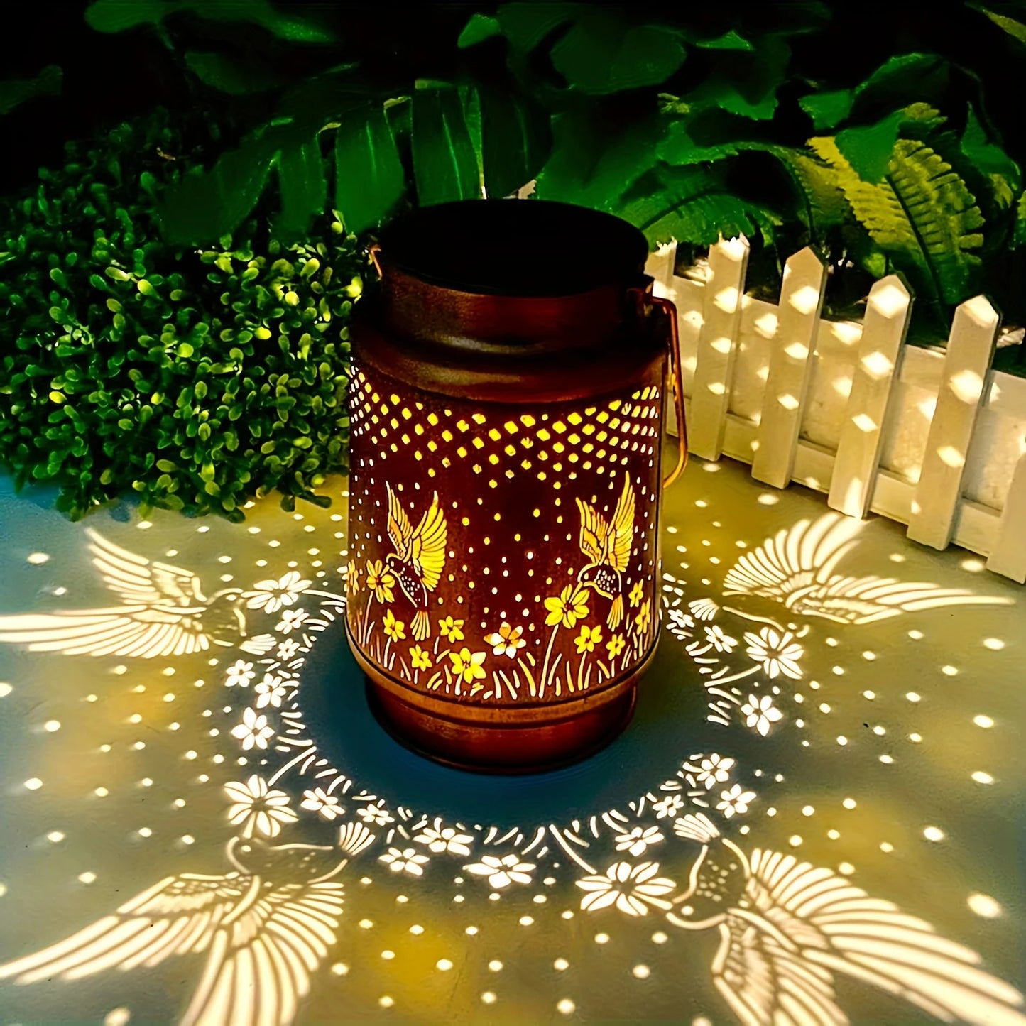 1 solar powered iron lantern, hollow design, suitable for outdoor gardens, terraces, party decorations and holiday gifts