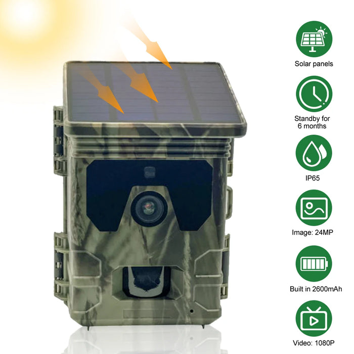 Solar Trail Camera 24MP 1080P Solar Power Hunting Camera Infrared Night Vision Wildlife Observation Camera Video Photo Recorder