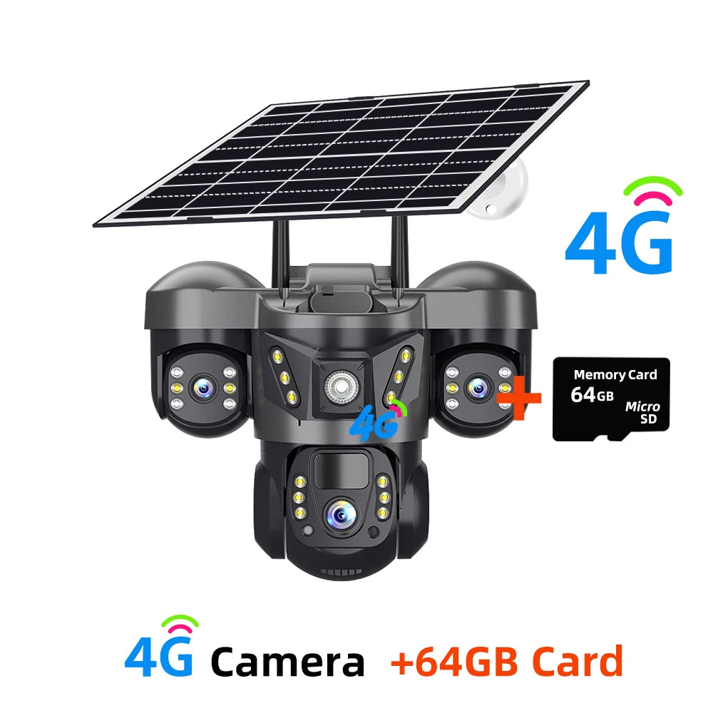 15MP 4G Solar Camera PTZ Outdoor CCTV Triple Lens Three Screen PIR Colour Night Vision Weatherproof V380 PRO Cameras