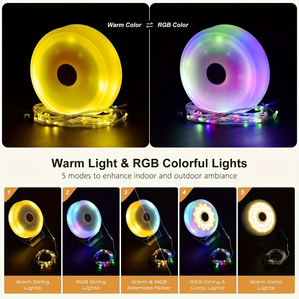 Solar Camping String Light 2 in 1 Rechargeable Camping Lamp 5 Mode Waterproof Portable Tent Lighting Outdoor Hiking Garden Decor