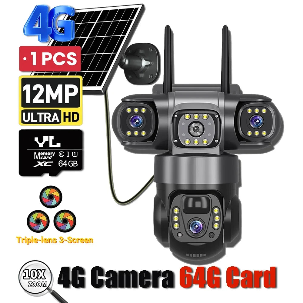 Solar 4G Camera With Sim Card 12MP 6K Three Lens Three Screen Monitor Night Vision Security Protection PTZ Video Surveillance