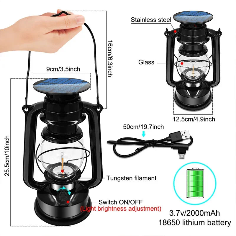Solar Camping Lights Rechargeable Tungsten Bulb Portable Lantern With Hook Lighting Control Outdoor Waterproof Tent Lamp