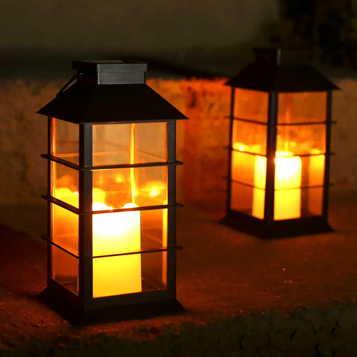 Solar Powered Lantern Light Outdoor Flickering Flame Fire Candle LED Lamp Hanging Decorative Lighting For Garden Patio Courtyard