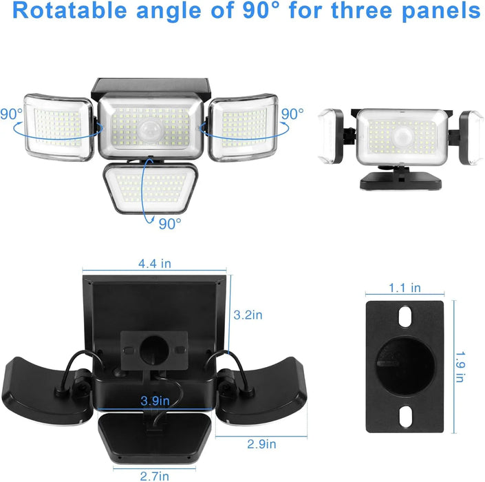 Solar Lights Outdoor 278LED Security Lights Motion Sensor with Remote Control 4 Heads Waterproof Solar Flood Wall Lights Garden