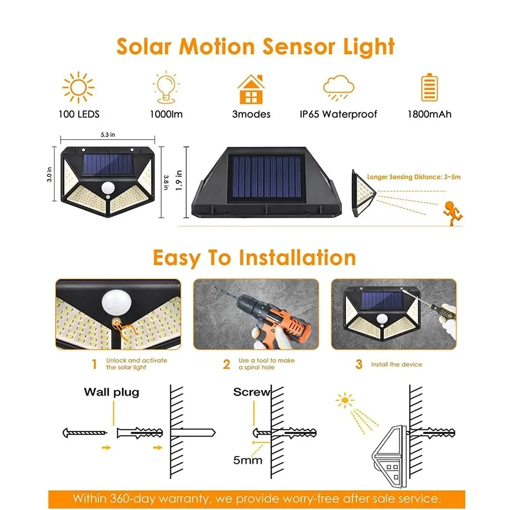 100 LED Solar Wall Lamp Wireless with Motion Sensor Human Waterproof Garden Decoration Spotlights Stairs Outdoor Wall Light