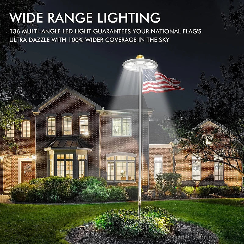 136 LED solar flagpole light, suitable for flagpoles 15-25 feet, 12 hour automatic switch from dusk to dawn, white and black