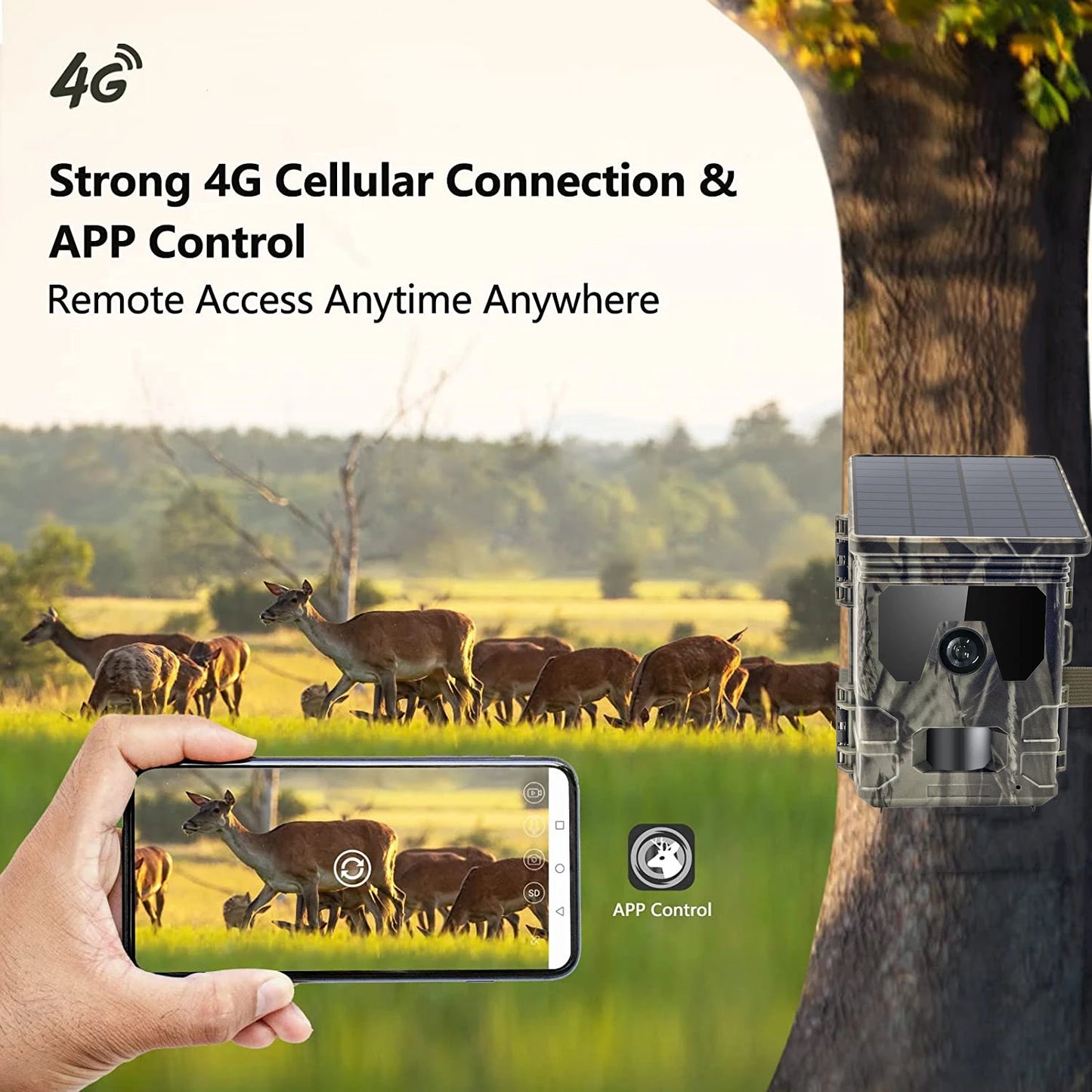 Solar Charging Hunting Camera, Outdoor Game Cam, Night Vision, 120 ° Detection, Wildlife Recording, 2K, 30MP, 4G