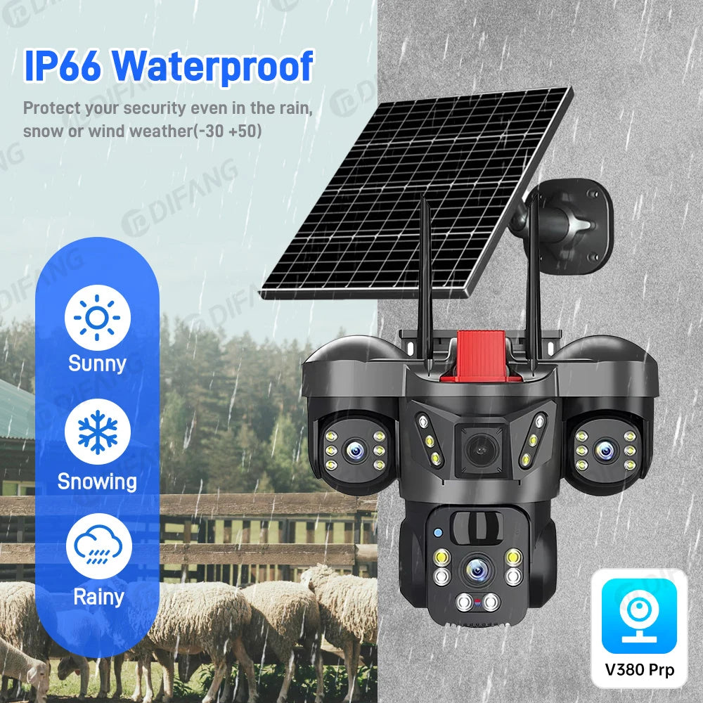 Wireless WiFi Solar Camera Three Lens Three Screen 4G Sim Card Solar Cam Human Detection Outdoor Solar Surveillance V380