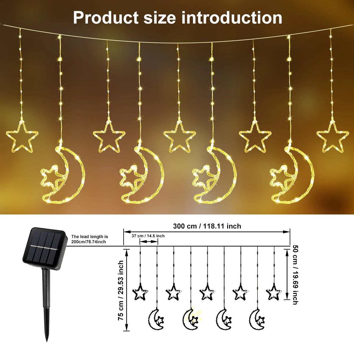 LED Decor Light Solar Moon Star Lights String Light Outdoor Waterproof Solar Powered Curtain Lights with 8 Modes Ramadan Hanging