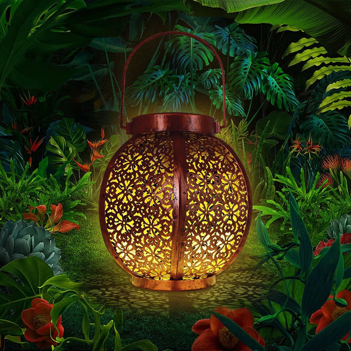 Hanging Solar Lanterns Retro Hollow Solar Lights with Handle Outdoor Solar Garden Lights Decor for Yard Garden Tree Fence Patio