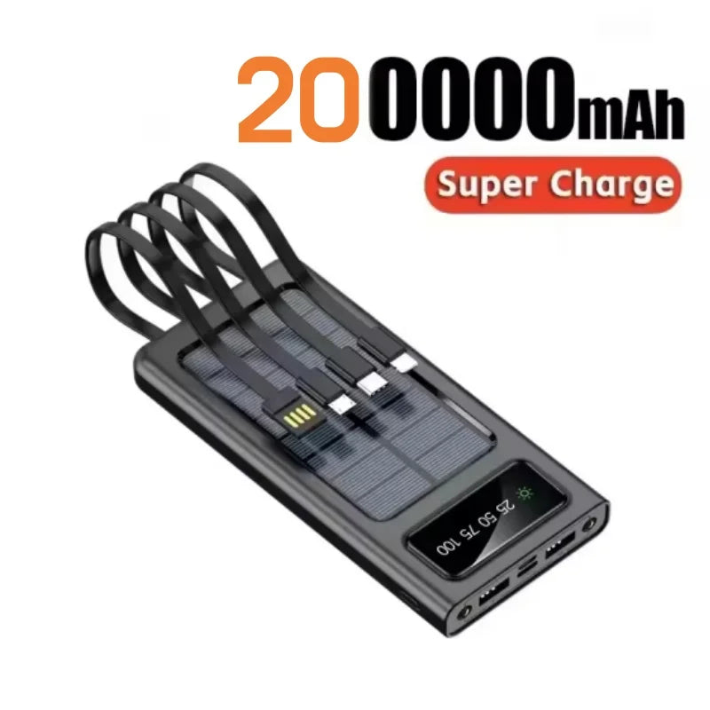 200000mAh Solar Power Bank USB 4 in1 Super Fast Charging Ultra Capacity USB TypeC LED Light Outdoor Power Bank For iPhone Xiaomi