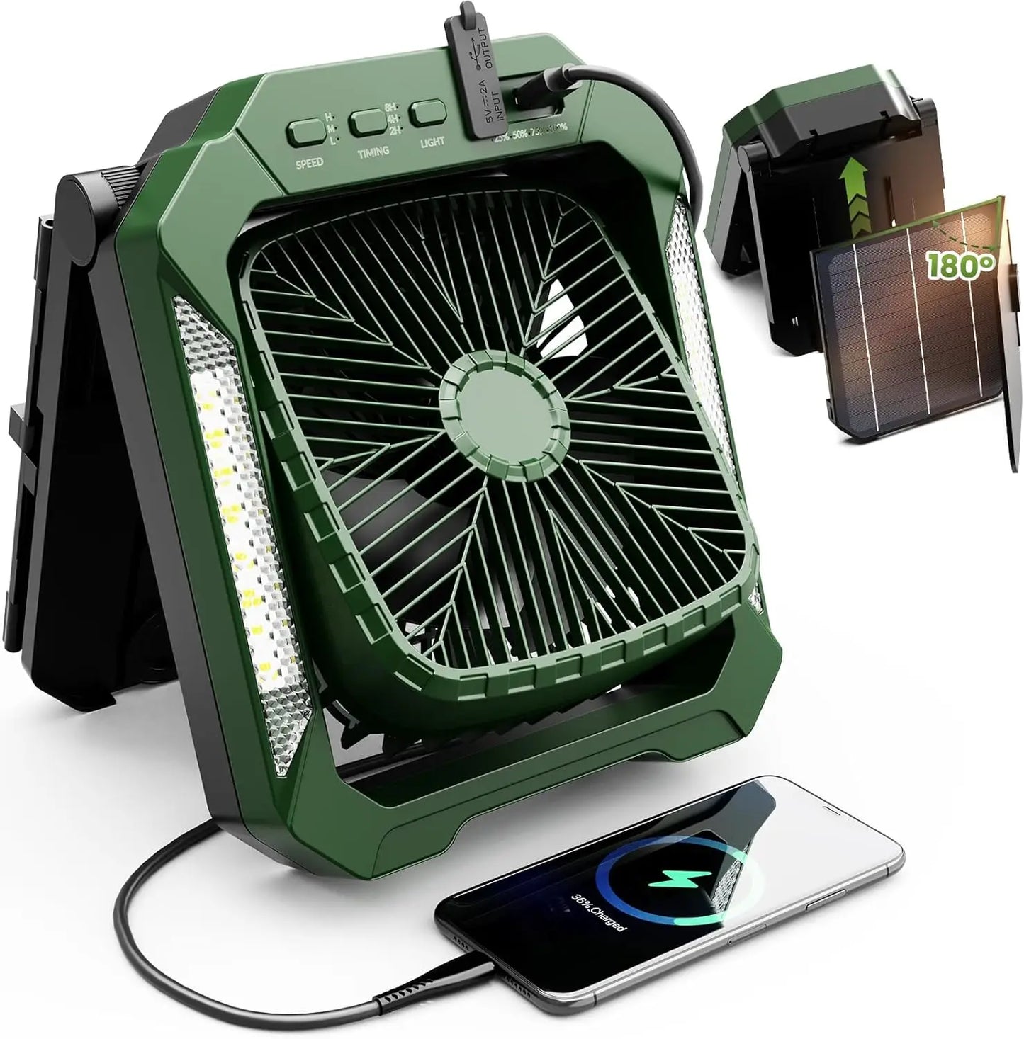 Solar Camping Fan With Foldable&Detachable 18W Solar Panel&20000mAh Rechargeable Battery LED Lantern 3-Speed Silent Timer Hook