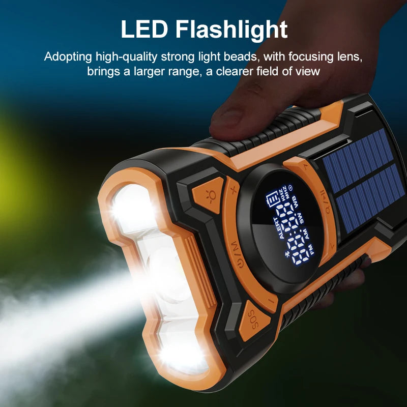 Solar Emergency Weather Radio Waterproof Hand Crank Weather Alert Radio 5000mAh Bluetooth-Compatible5.3 LED Flashlight SOS Alarm