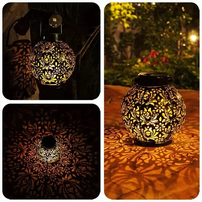 Solar Garden Light Outdoor Garden Decoration Solar Lights Metal Waterproof Round Lantern Lights Hanging Hollow Projection Lights