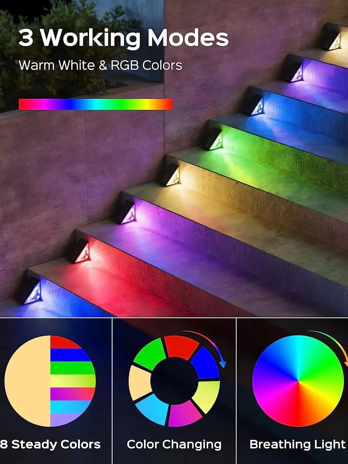 Solar Stair Lights with Motion Sensor Waterproof IP67 3 Mode RGB Color Changing Step Light LED Lights for Steps Patio Garden