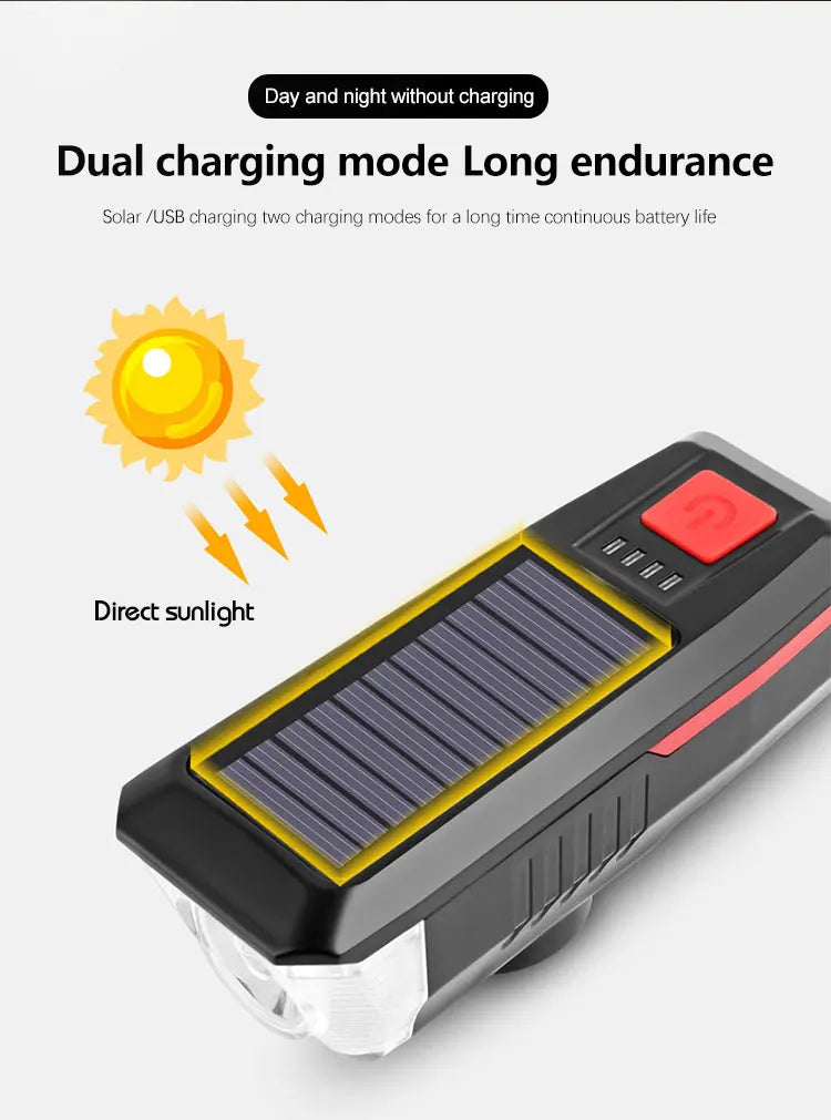 Solar Bicycle Light USB Rechargeable Power Display MTB Mountain Road Bike Front Lamp with Horn Flashlight Bicycle Light