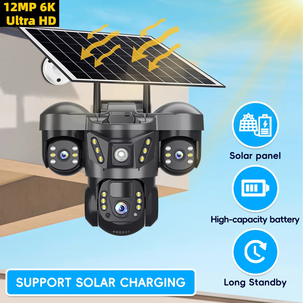Solar 4G Camera With Sim Card 12MP 6K Three Lens Three Screen Monitor Night Vision Security Protection PTZ Video Surveillance