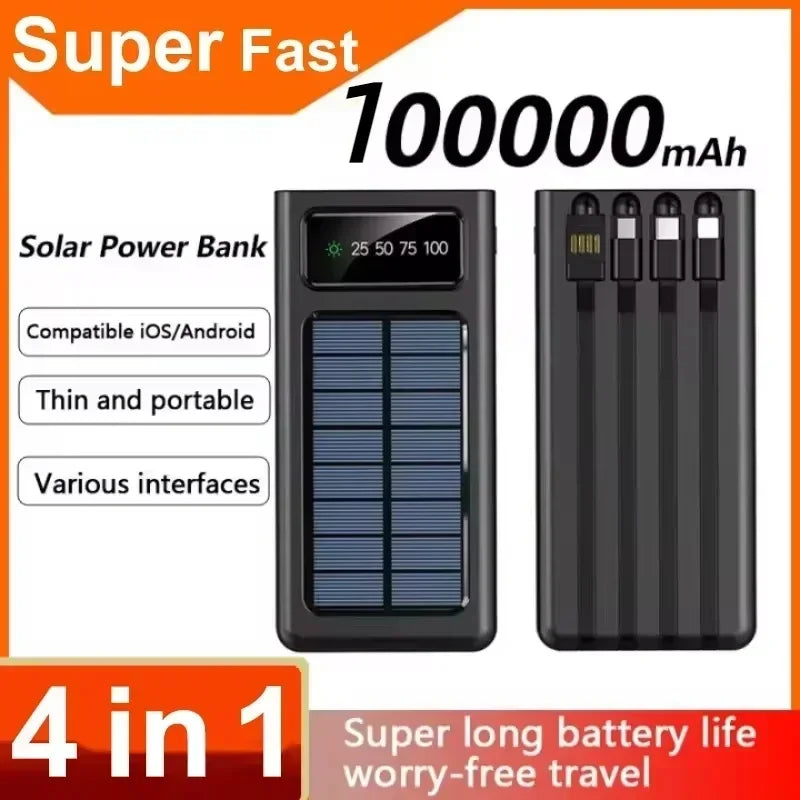 200000mAh Solar Power Bank Large Capacity USB 4 in1 Super Fast Charging USB TypeC LED Light Outdoor Power Bank For Xiaomi iPhone