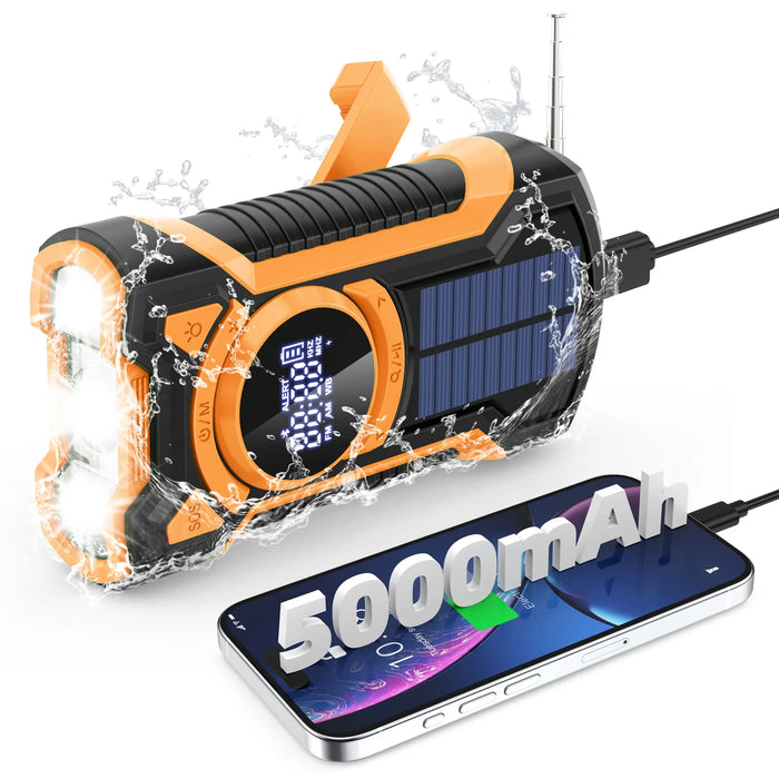 Emergency Radio Hand Crank Solar 5000mAh, IP65 Waterproof Dustproof Bluetooth 5.3 Portable AM/FM/NOAA Weather Alert Radio